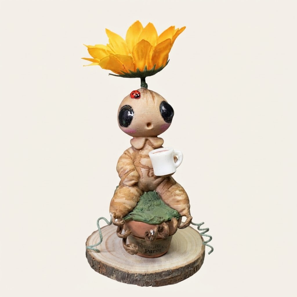 Mandrágora con girasol tomándo café
