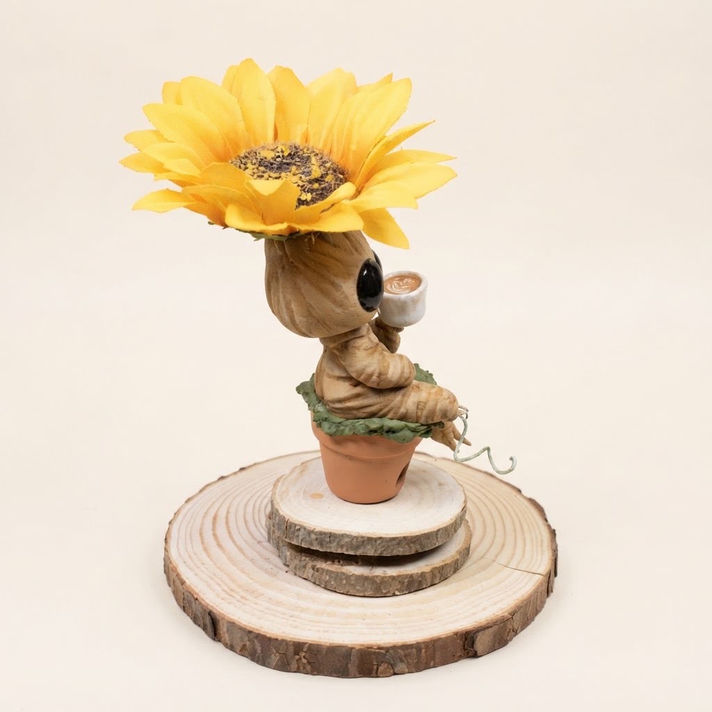 Mandrágora con girasol tomándo café