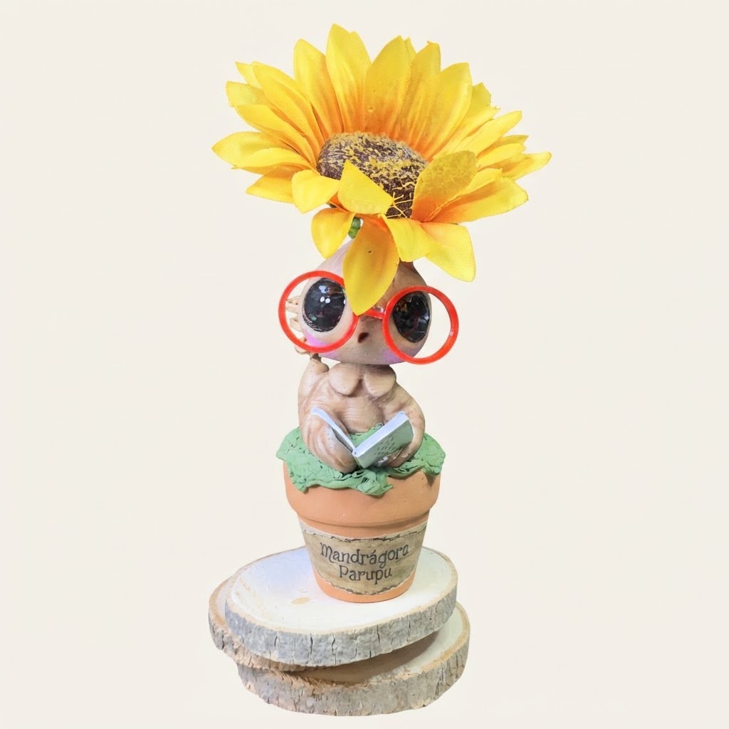 Mandrágora lectora con girasol y gafas rojas
