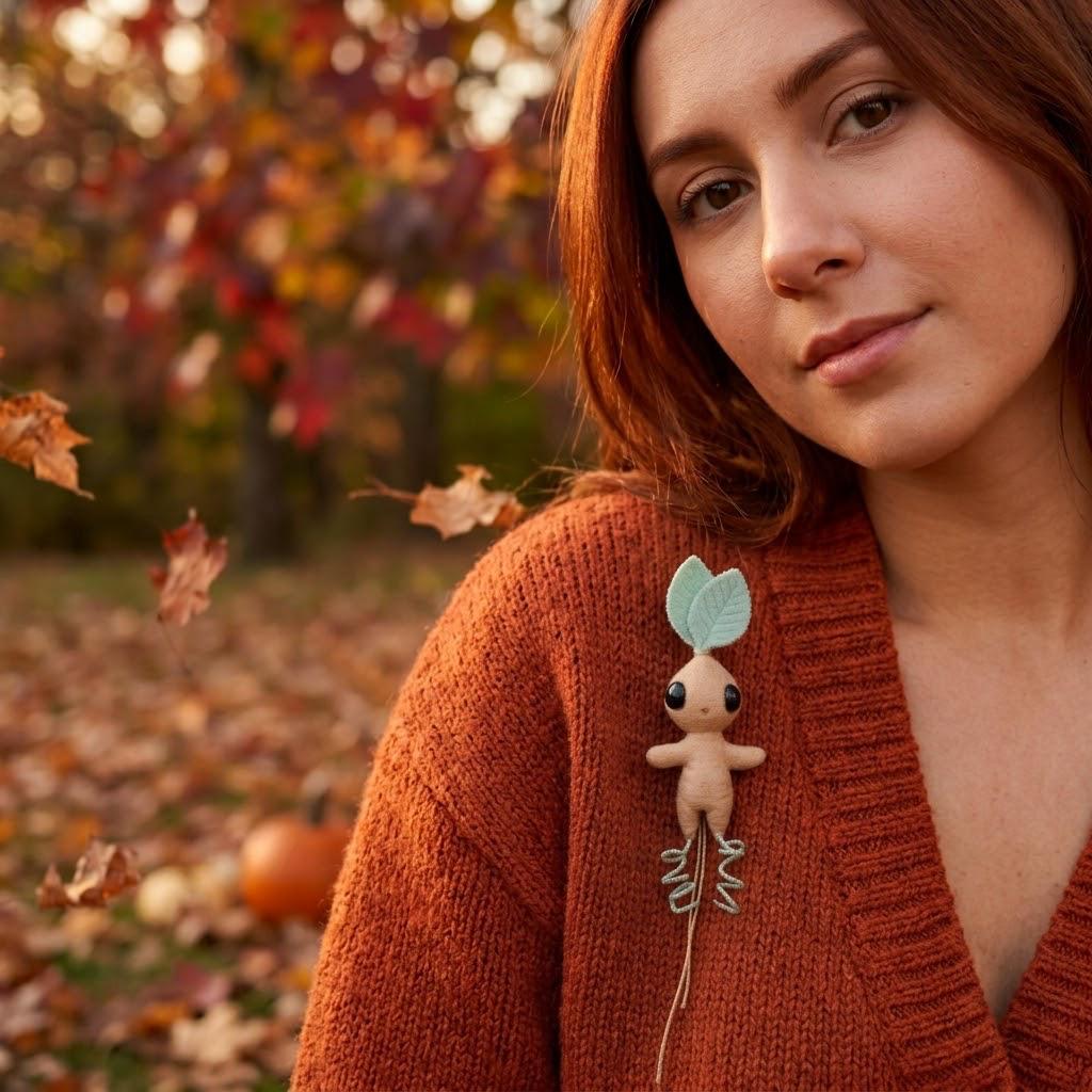 Pine wood mandrake brooch